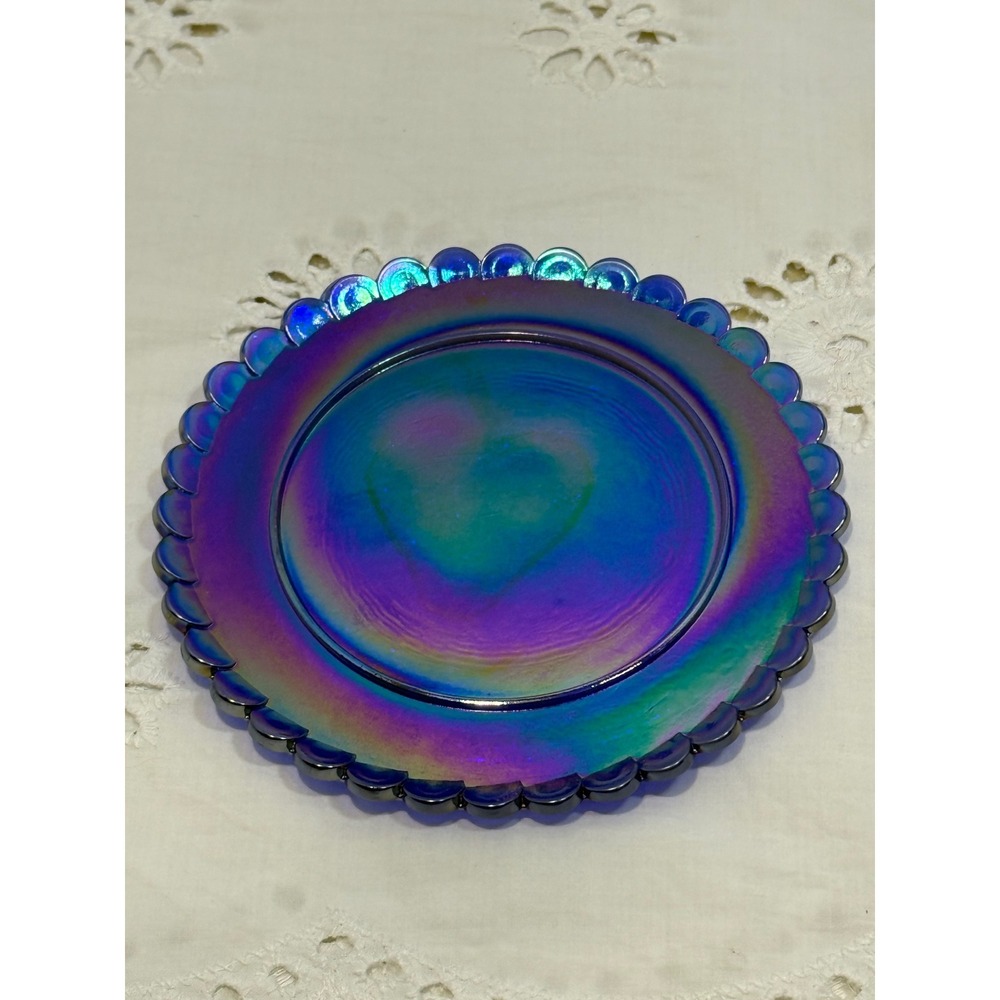 Boyd Blue Carnival Glass Small Butter Dish Strawberry Pattern Iridescent B Stamp - Picture 3 of 5